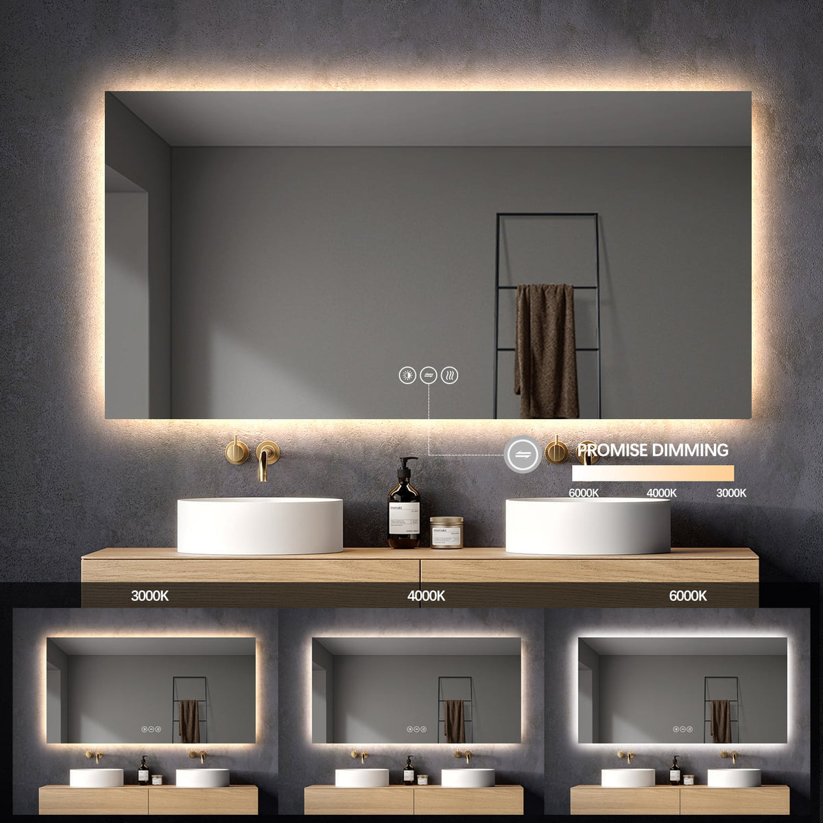 Premium Badspiegel mit Hintergrundbeleuchtung, LED, Anti-Beschlag und Touch Sensor